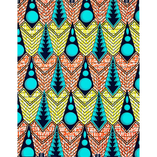 African Print Fabric/ Ankara - Yellow, Orange, Turquoise, Black 'Guidance Rising', YARD or WHOLESALE