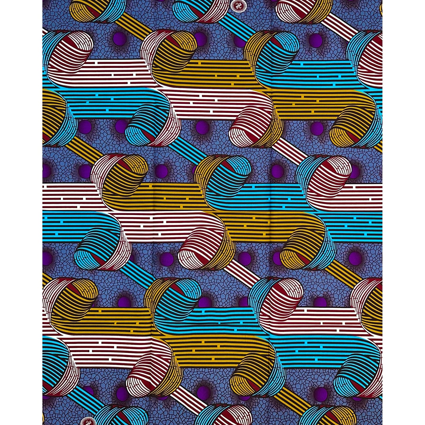 African Print Fabric/ Ankara - Gray, Blue, Dark Red, Gold 'Chosen Paths,’ 1 YARD