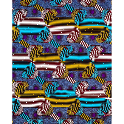 African Print Fabric/ Ankara - Gray, Blue, Dark Red, Gold 'Chosen Paths,’ 1 YARD