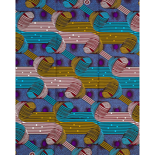 African Print Fabric/ Ankara - Gray, Blue, Dark Red, Gold 'Chosen Paths,’ 1 YARD