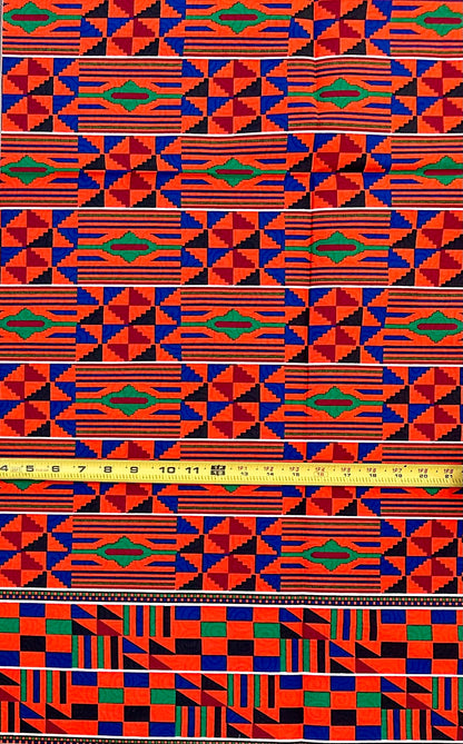 African Print Fabric/Ankara - Orange, Red, Blue, Green "Generational Wealth" Kente, 1 Yard