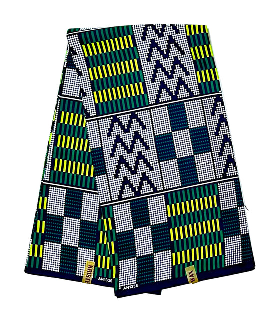 African Print Fabric/ Ankara - Shades of Green, White, Black 'Pattern Politics', YARD or WHOLESALE