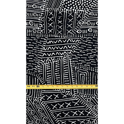 African Print Fabric/ Ankara - Black, White 'Mudcloth Notes', YARD or WHOLESALE