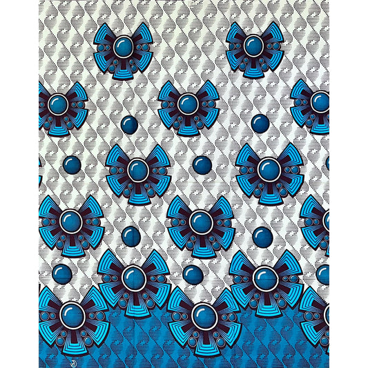 African Print Fabric/ Ankara - Cream, Blue, Teal, Brown 'Calm Water Still Runs Deep', 1 Yard