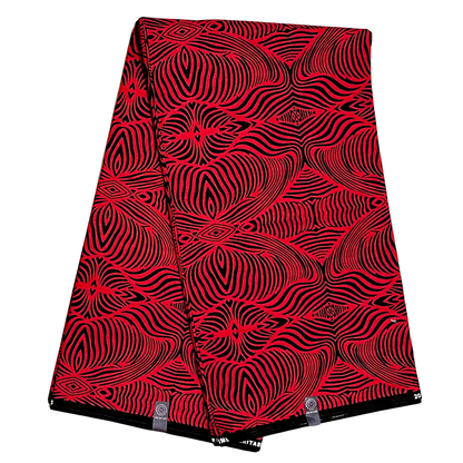 African Print Fabric/ Ankara - Red, Black 'Wave Am Well ' Design, YARD or WHOLESALE