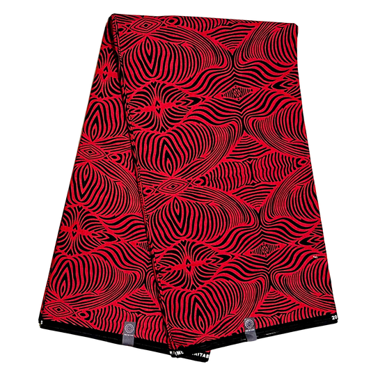 African Print Fabric/ Ankara - Red, Black 'Wave Am Well ' Design, YARD or WHOLESALE