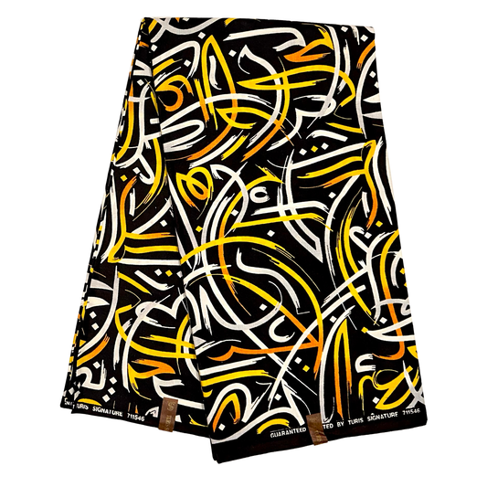 African Print Fabric/ Ankara - Black, White, Yellow, Orange 'Shaprapra' Design, YARD or WHOLESALE