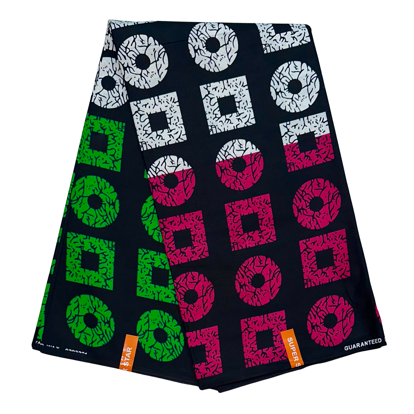 African Print Fabric/ Ankara - Magenta, Green, Black, White 'Shape Don Show' Design, YARD or WHOLESALE