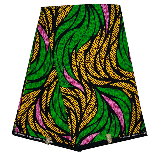 African Print Fabric/ Ankara - Pink, Green, Yellow 'Soji Leaves', YARD or WHOLESALE