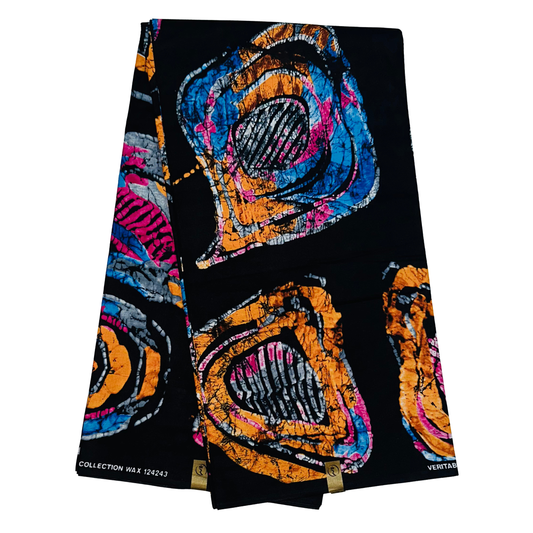 African Print Fabric/Ankara - Black, Orange, Pink, Blue, Gray 'Shayo Circle', YARD or WHOLESALE