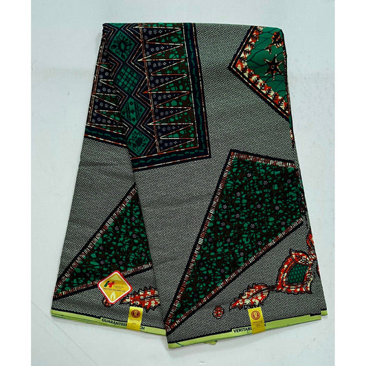 African Print Fabric/ Ankara - Green, Navy, Brown 'Sankoh' Design, YARD or WHOLESALE