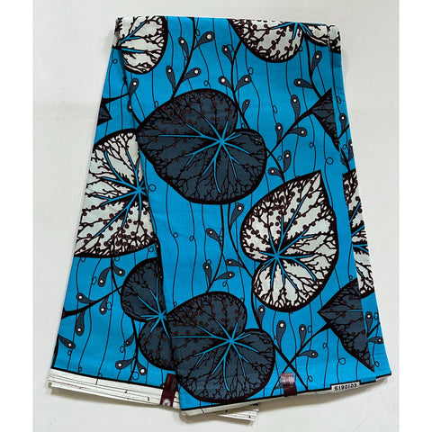 African Print Fabric/ Ankara - Blue, Gray, Cream 'Wata Frond' Design, YARD or WHOLESALE