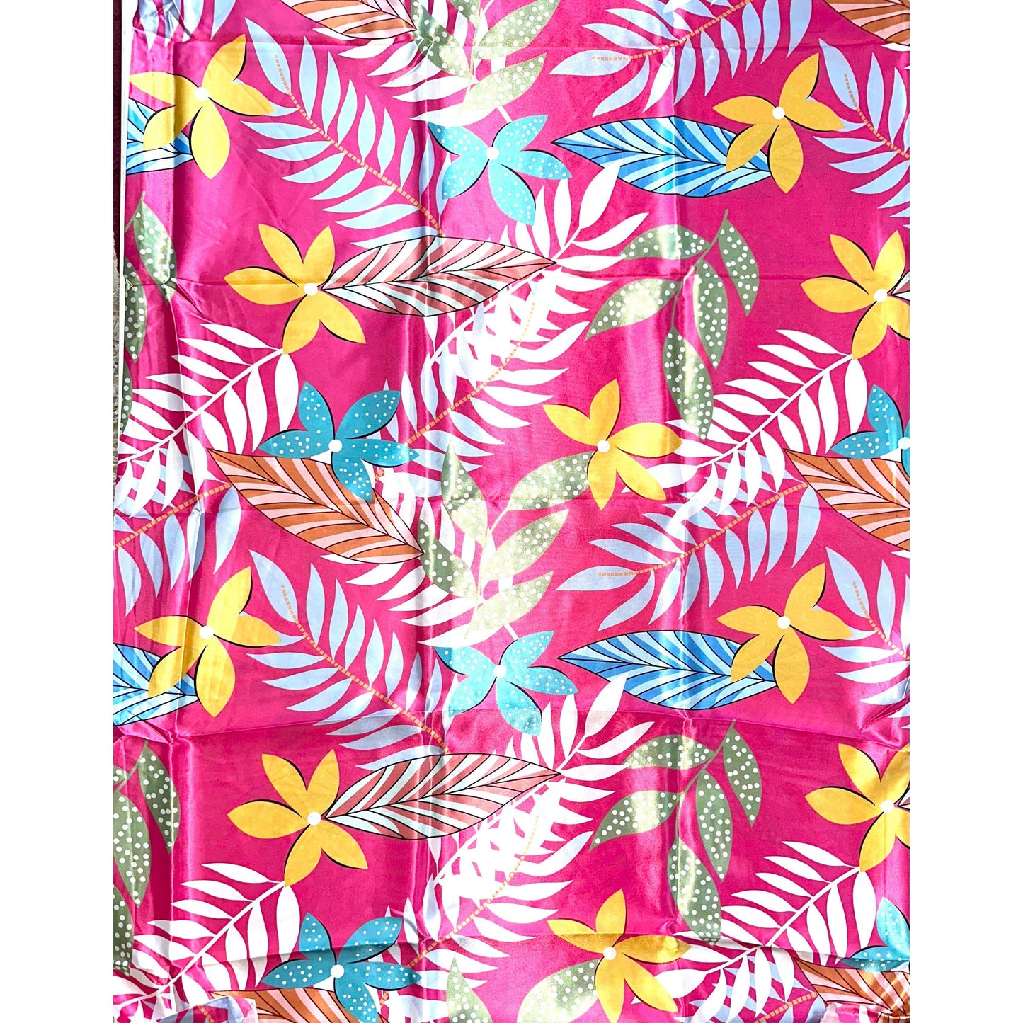 African Print, Satin Fabric - Pink, Orange, Green "Athilah’s Garden", Per Yard or Wholesale