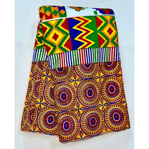 African Fabric/ Woven Kente - Orange, Red, Blue, Green, Metallic Gold “Aboagye”, 6 Yards