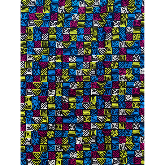 African Print Fabric/ Ankara - Navy, Blue, Magenta, Yellow 'Message from Foumban', YARD or WHOLESALE