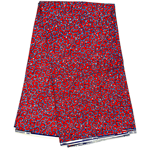 African Print Fabric/Ankara - Red, Blue "Swirlicious" Design, YARD or WHOLESALE