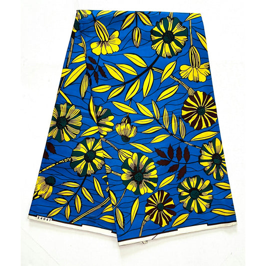 African Print Fabric/ Ankara - Blue, Yellow 'Damali Botanical' Design, YARD or WHOLESALE