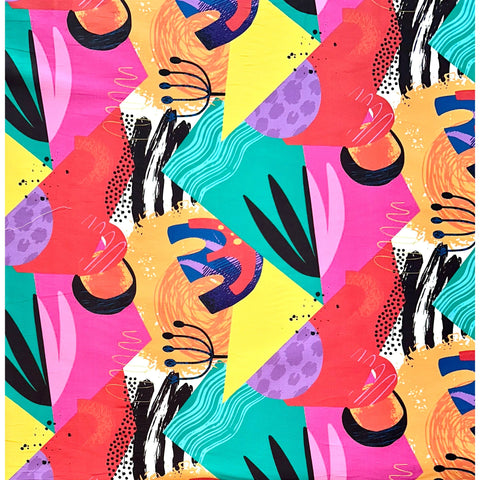 African Print, Stretch Cotton Satin Fabric- Teal, Pink, Orange, Purple, Black, Red "Happy Hour", Per Yard