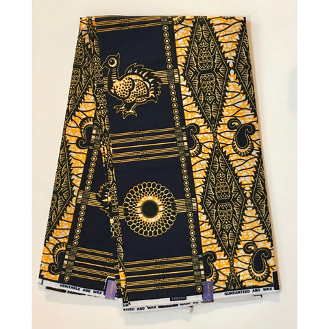 African Print Fabric/ Ankara - Blue, Marigold 'Guinea Fowl' FLAWED Design, YARD or WHOLESALE