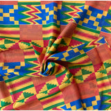 African Print, Chiffon Fabric - Yellow, Blue, Red, Green "Emperor’s Kente", ~2 Yards