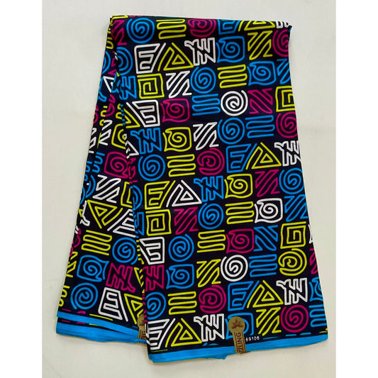 African Print Fabric/ Ankara - Navy, Blue, Magenta, Yellow 'Message from Foumban', YARD or WHOLESALE