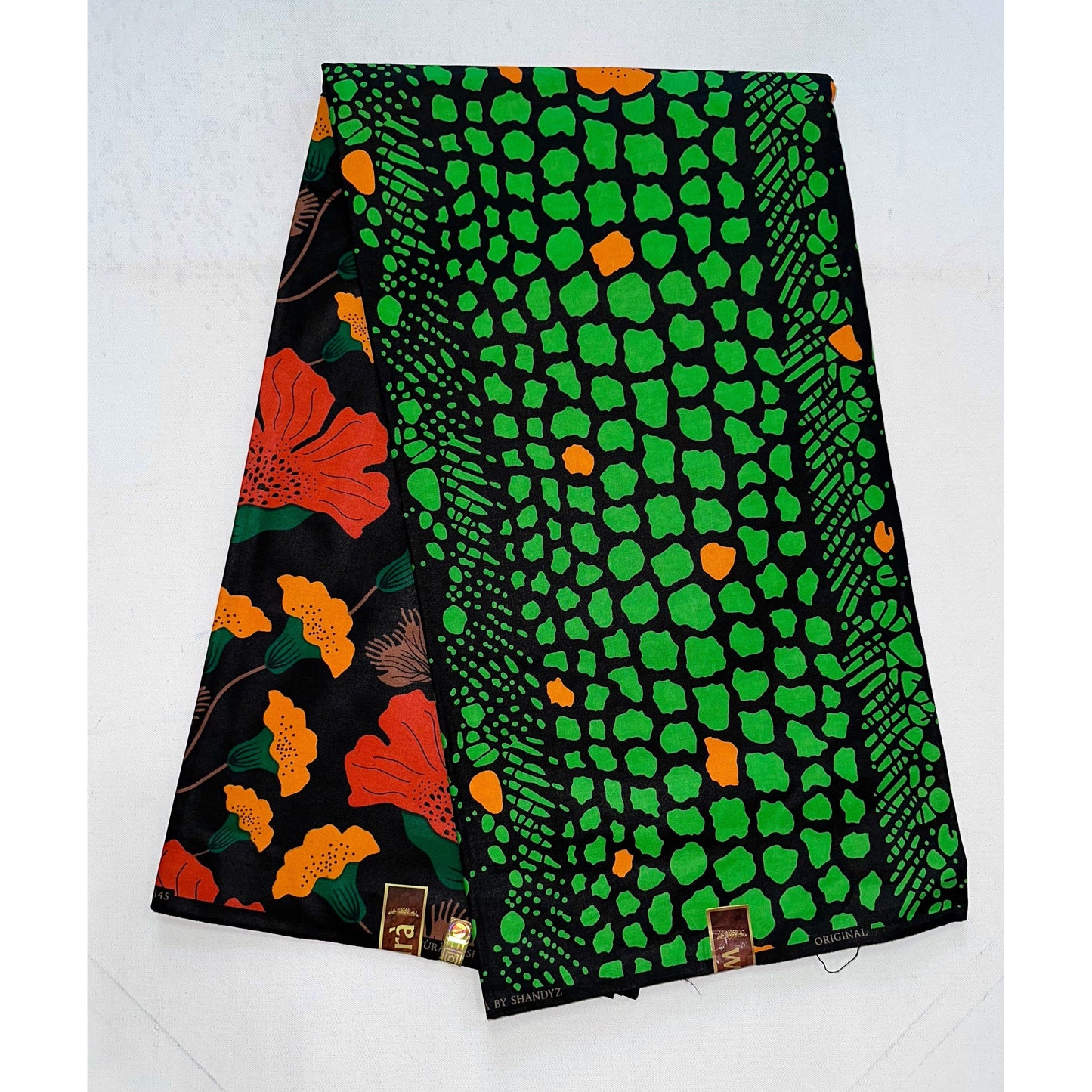African Print Fabric/ Ankara - Green, Black, Orange 'Fatou’s Garden' Design