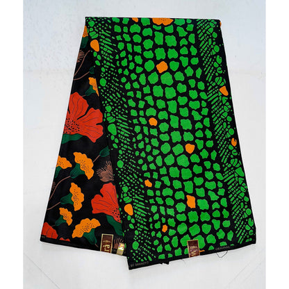 African Print Fabric/ Ankara - Green, Black, Orange 'Fatou’s Garden' Design