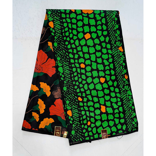 African Print Fabric/ Ankara - Green, Black, Orange 'Fatou’s Garden' Design