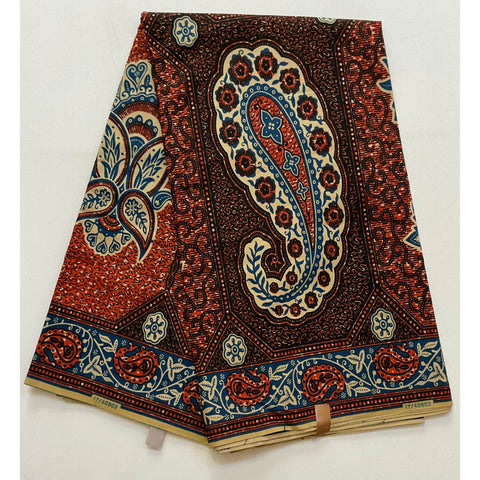 African Print Fabric/ Ankara - Brown, Blue ‘Paisley Portrait' Design, YARD or WHOLESALE