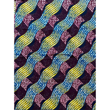 African Print Fabric/ Ankara - Wine, Blue, Yellow “Ladan Rhythm”, YARD or WHOLESALE