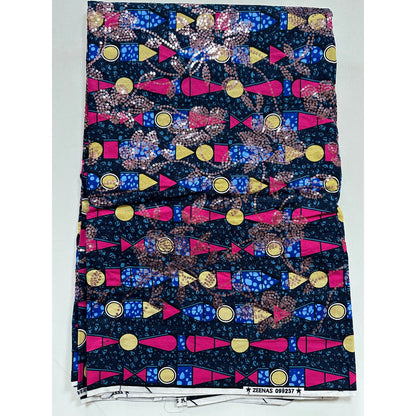 African Print Fabric/Sequined - Ankara: Blue, Pink, Beige ‘Queen Khentkaus', Yard or Wholesale