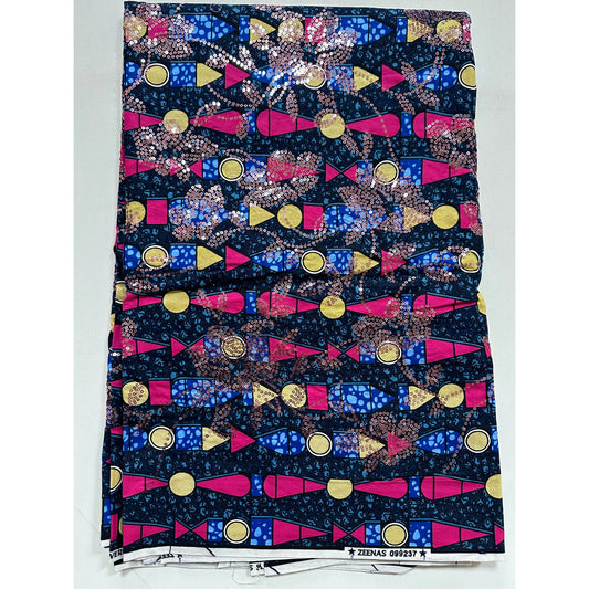 African Print Fabric/Sequined - Ankara: Blue, Pink, Beige ‘Queen Khentkaus', Yard or Wholesale
