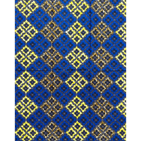 African Print Fabric/ Ankara - Blue, Yellow, Brown "Diamond Doily"