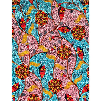 African Print Fabric/ Ankara - Orange, Blue, Pink 'Along Shere Hills,' YARD or WHOLESALE