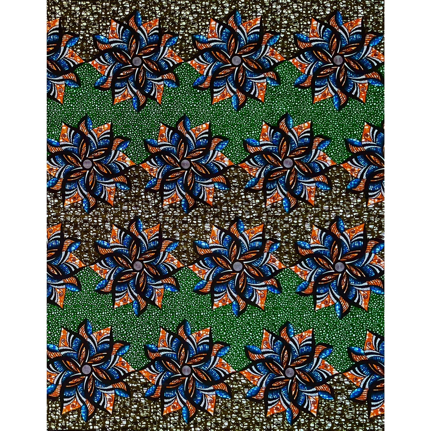 African Print Fabric/ Ankara - Green, Blue, Orange, Brown 'Jasiri Bandeau' Design, YARD or WHOLESALE
