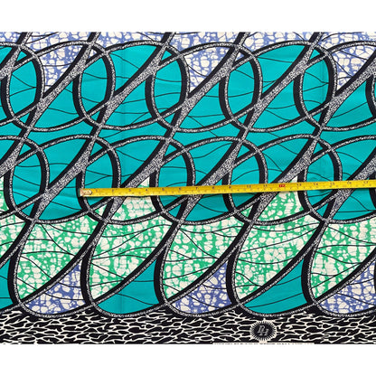 African Print Fabric/ Ankara - Turquoise, Green, Navy 'Kacou Ribbons' Design, YARD or WHOLESALE