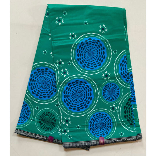 African Print Fabric/ Ankara - Green, Blue, White 'Riva' Design, YARD or WHOLESALE