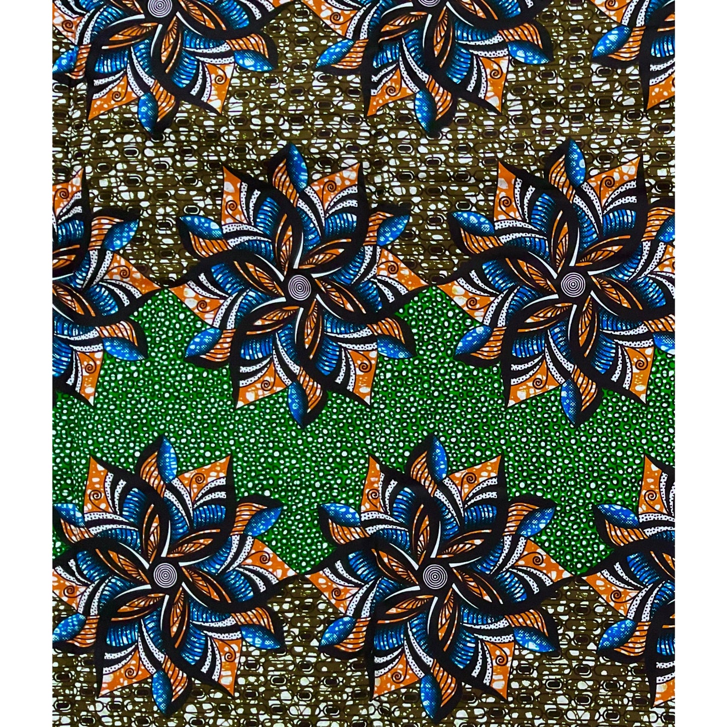 African Print Fabric/ Ankara - Green, Blue, Orange, Brown 'Jasiri Bandeau' Design, YARD or WHOLESALE