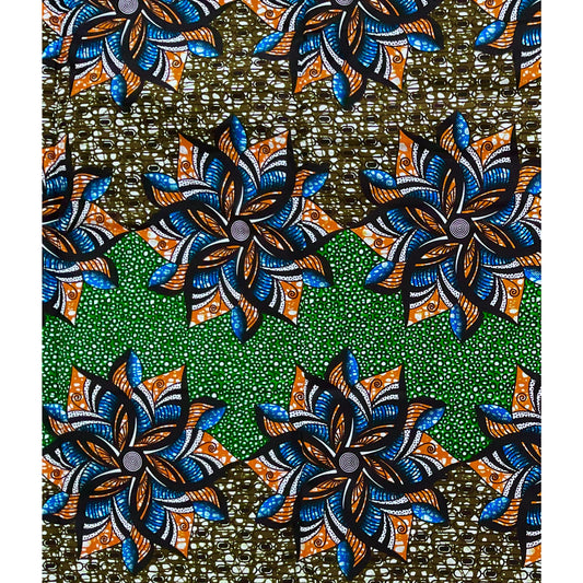 African Print Fabric/ Ankara - Green, Blue, Orange, Brown 'Jasiri Bandeau' Design, YARD or WHOLESALE
