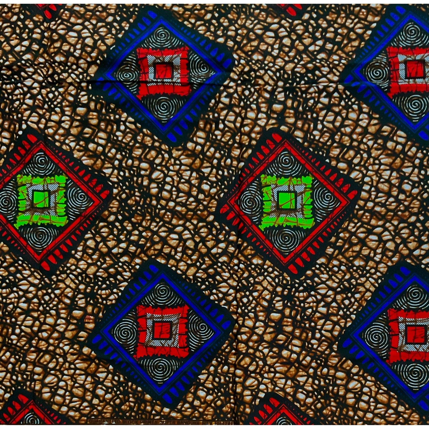 African Print Fabric/ Ankara - Brown, Red, Blue, Green 'Kwara Diamonds’ Design, YARD or WHOLESALE