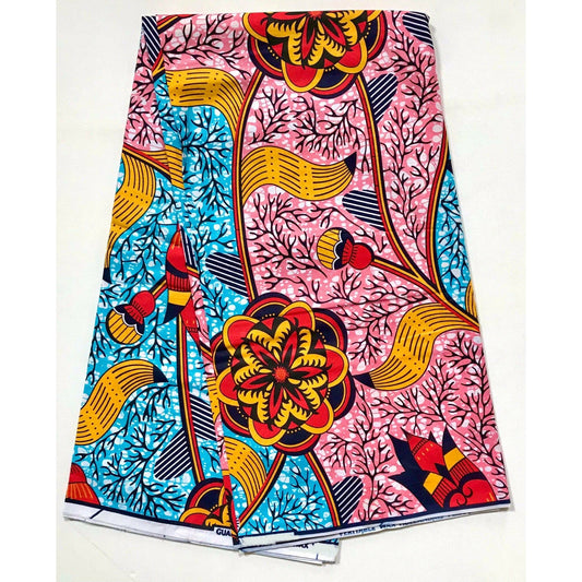 African Print Fabric/ Ankara - Orange, Blue, Pink 'Along Shere Hills,' YARD or WHOLESALE