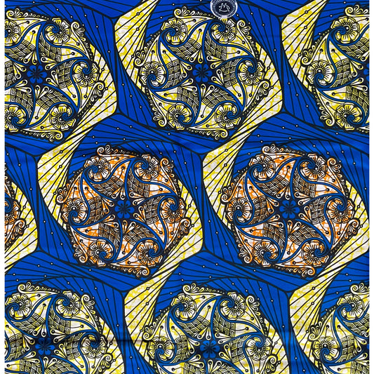 African Print Fabric/ Ankara - Blue, Orange, Yellow 'Macie', YARD or WHOLESALE