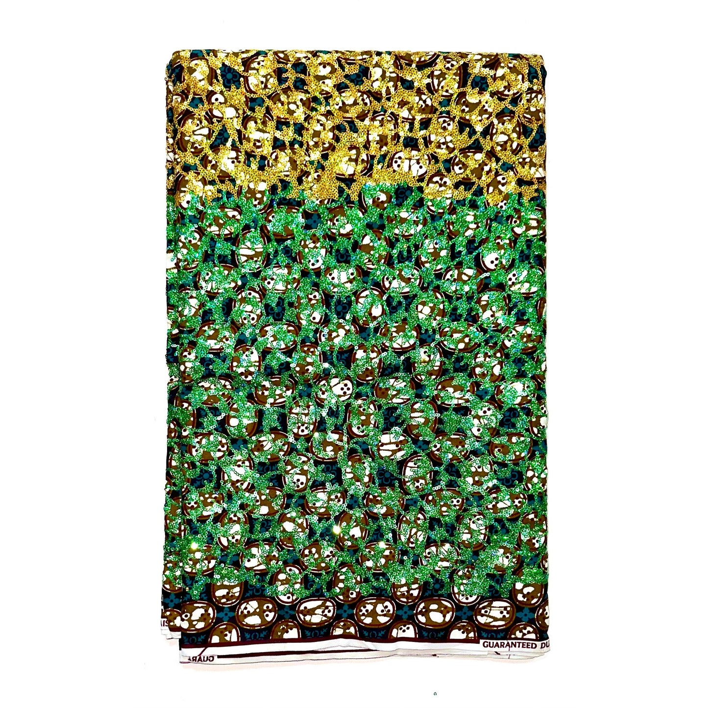 African Print Fabric/Sequined - Ankara: Green, Brown, Gold ‘Queen Saffa', Yard or Wholesale