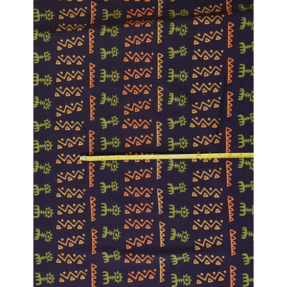 African Print, Stretch Cotton Satin Fabric- Navy, Orange, Green "Adewale" Per Yard
