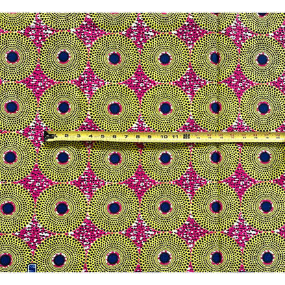 African Print Fabric/ Ankara - Magenta, Yellow, Navy 'Bullseye Mini' Design, YARD or WHOLESALE