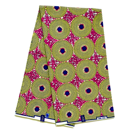 African Print Fabric/ Ankara - Magenta, Yellow, Navy 'Bullseye Mini' Design, YARD or WHOLESALE