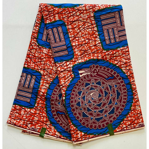 African Print Fabric/Ankara - Orange, Blue, Brown ‘Snail & Bible’ Design, YARD or WHOLESALE
