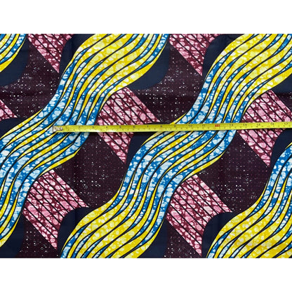 African Print Fabric/ Ankara - Wine, Blue, Yellow “Ladan Rhythm”, YARD or WHOLESALE