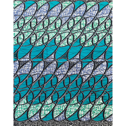 African Print Fabric/ Ankara - Turquoise, Green, Navy 'Kacou Ribbons' Design, YARD or WHOLESALE