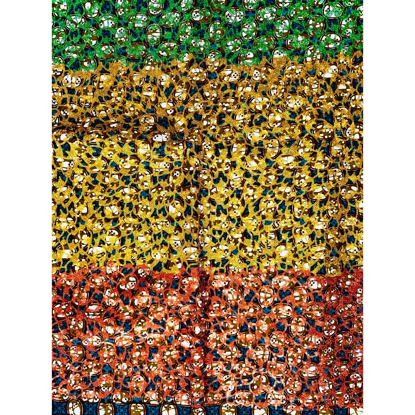 African Print Fabric/Sequined - Ankara: Green, Brown, Gold ‘Queen Saffa', Yard or Wholesale